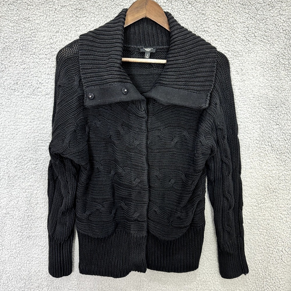 Talbots Petites M Black Cable‎ Knit Cotton Fisherman Shawl Collar Cardigan